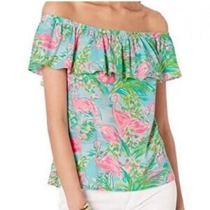 Off-Shoulder Flamingo Print Top